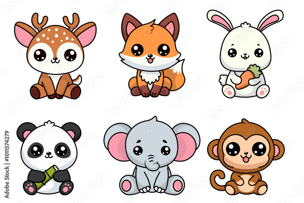 Fototapeta premium Adorable Kawaii Animal Illustrations, Deer, Fox, Rabbit, Panda, Elephant, and Monkey