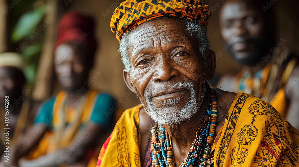 Fototapeta premium Men of Benin. Beninese men.A vibrant portrait of an elderly tribal man with traditional attire and others in the background, exuding cultural richness and ancestral heritage