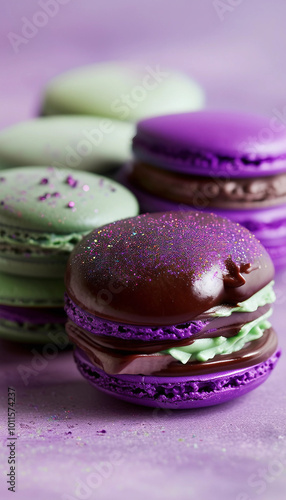 A close-up of delicious purple and green macarons with rich chocolate filling, sprinkled with tiny orange crumbs, arranged on a smooth marble surface.