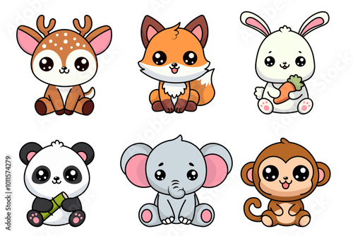Adorable Kawaii Animal Illustrations, Deer, Fox, Rabbit, Panda, Elephant, and Monkey