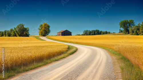 Winding dirt road through golden wheatfields with a rustic barn under the clear blue sky in the countryside