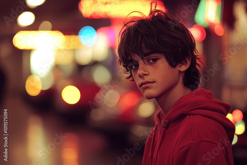 A Boy in a Red Hoodie Standing in Front of Blurry Lights