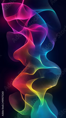 Vibrant Abstract Swirl of Colorful Waves Illuminated Against a Dark Background