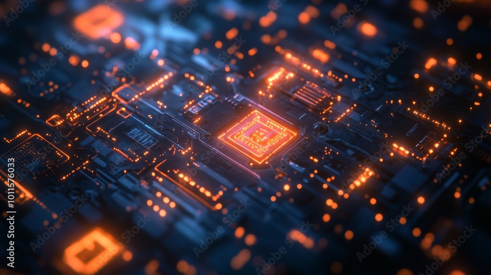 A detailed and futuristic close-up of a microchip surrounded by glowing orange circuits. The high-tech setting showcases advanced computing technology, ideal for AI and innovation themes.. AI A detailed and futuristic close-up of a microchip surrounded by glowing orange circuits. The high-tech setting showcases advanced computing technology, ideal for AI and innovation themes.. AI
