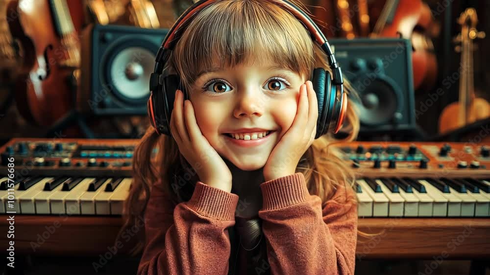 A young girl wearing headphones is smiling at the camera A young girl wearing headphones is smiling at the camera