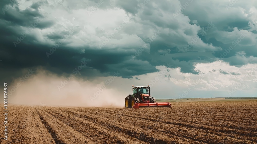 Fototapeta premium A tractor plowing a field under a cloudy sky, dust rising from the soil
