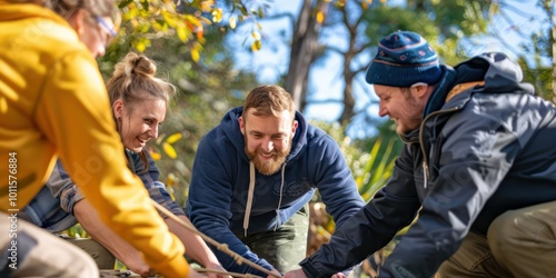 An outdoor team-building activity with a group of colleagues working together to solve a challenge