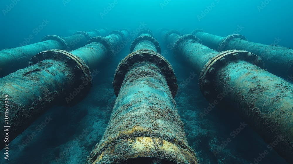 Underwater View of Large Pipes on the Ocean Floor With Marine Life and Sediment Underwater View of Large Pipes on the Ocean Floor With Marine Life and Sediment