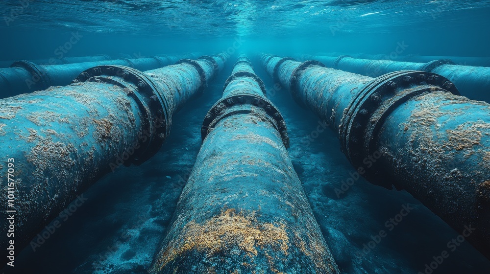 Underwater View of Large Water Pipes in Clear Sea, Algae Growth Visible Along the Surface Underwater View of Large Water Pipes in Clear Sea, Algae Growth Visible Along the Surface