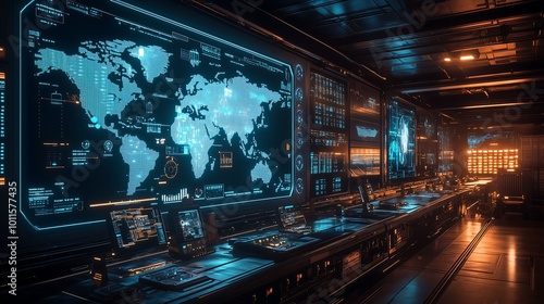 Global logistics control center with a cutting-edge world map