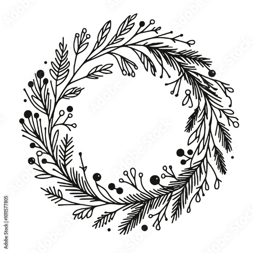 Christmas wreath with pine branches and ornaments, hand-drawn festive design, black and white PNG