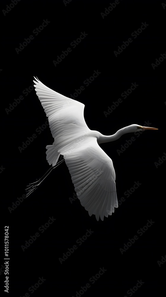 Obraz premium Great Egret Bird Flying on Black Background, Photo Realistic, Pattern Background, Wallpaper, Cover and Screen for Smartphone, PC, Laptop, 9:16 and 16:9 Format
