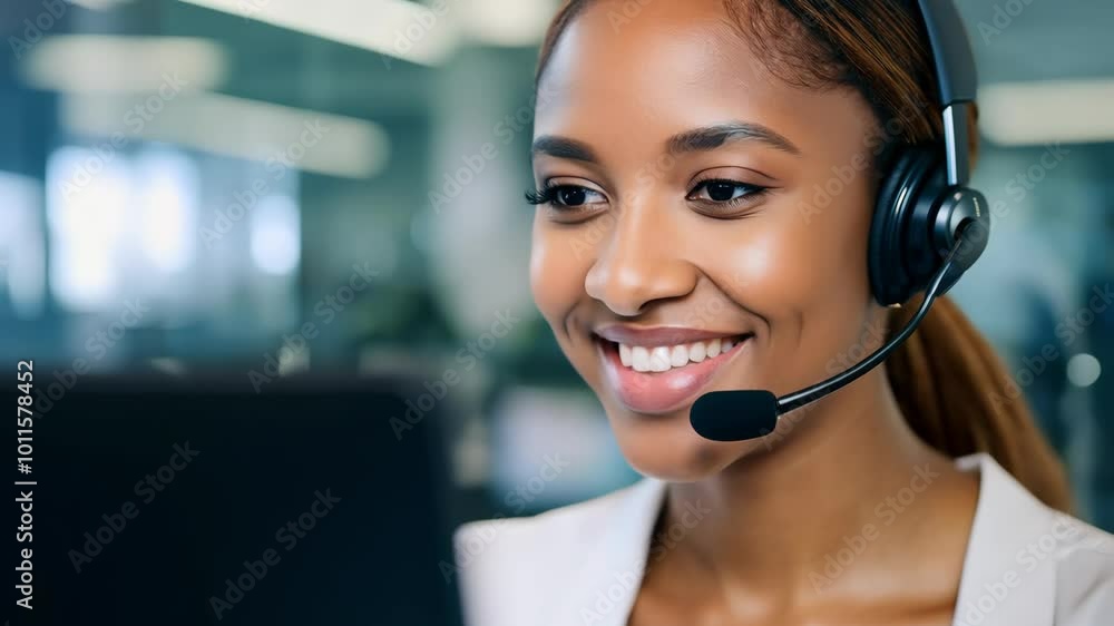 Smiling customer support agent with headset at computer in office setting Smiling customer support agent with headset at computer in office setting