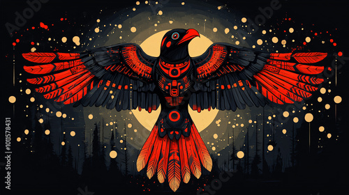 A red and black bird illustration is set against a dark background with a bright golden moon.