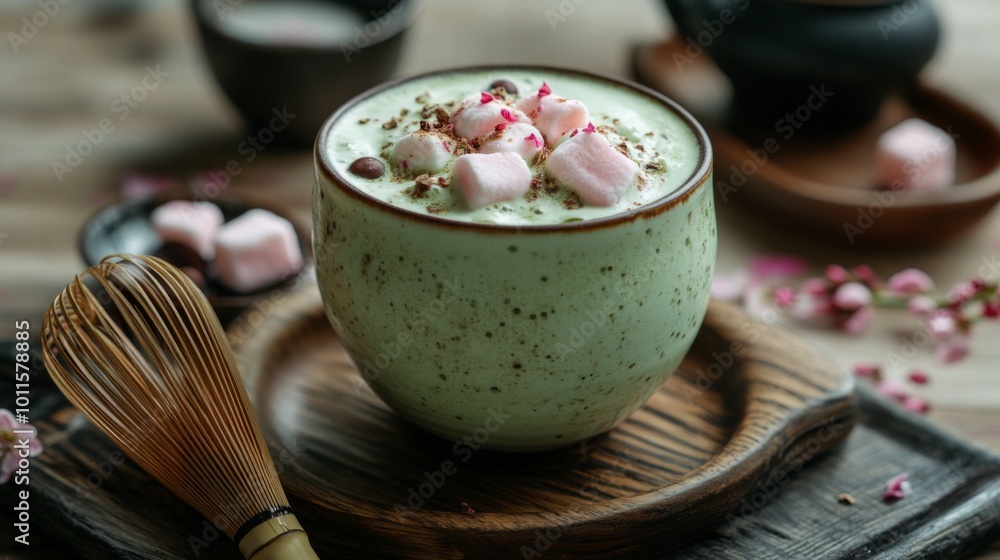 Japanese matcha hot chocolate fusion with traditional toppings and tools Japanese matcha hot chocolate fusion with traditional toppings and tools