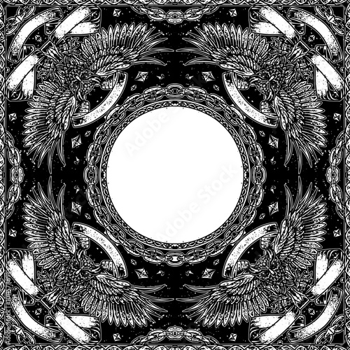 A detailed vector pattern of a bandana featuring an owl motif, with intricate designs capturing the bird's wisdom and mystique. Perfect for logos, emblems, or t-shirt designs, this pattern blends 