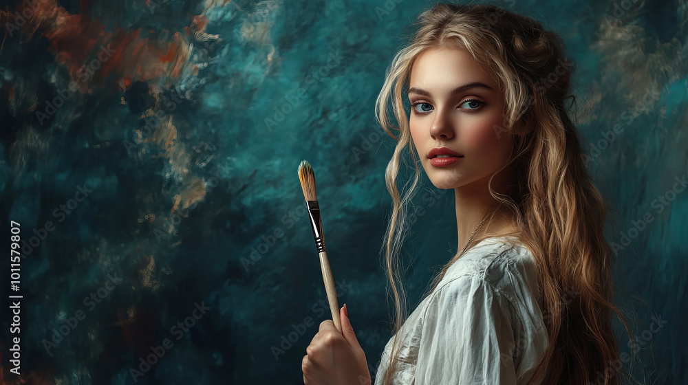 Obraz premium Elegant Model with Paintbrush and Canvas Background