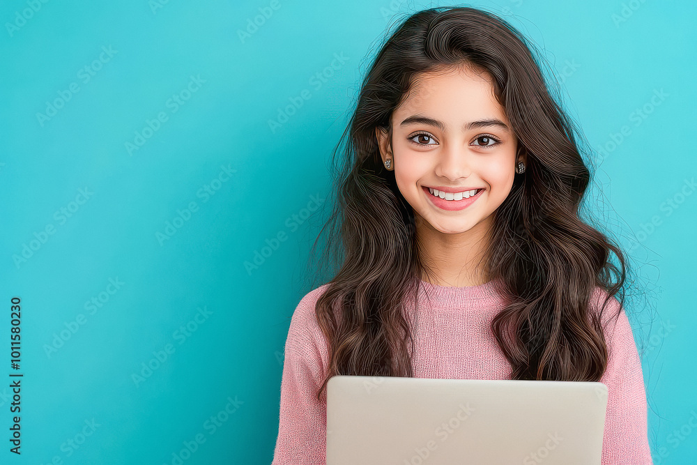 young indian woman using laptop on blue background young indian woman using laptop on blue background