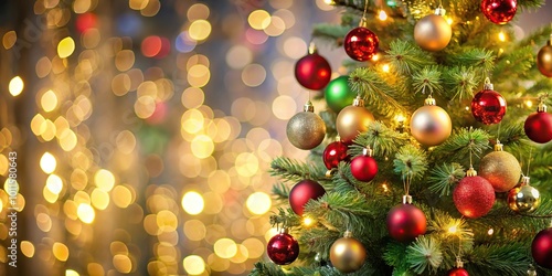 Christmas tree with ornaments and out of focus background lights, creating leading lines photo