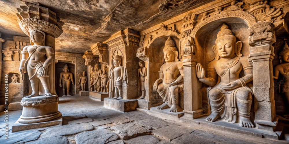 Photo & Art Print An interior view of the Elephanta Caves, featuring ...