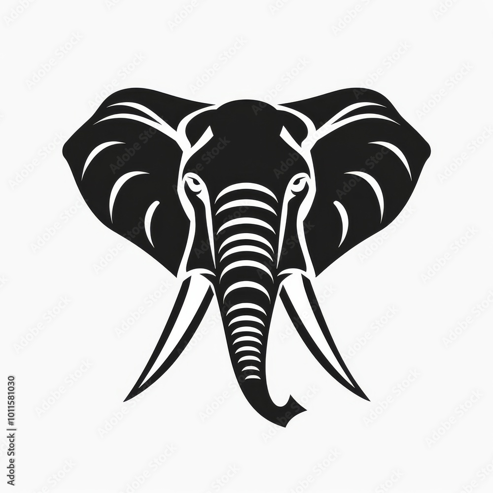 Black and White Illustration of an Elephant Head With Large Ears and Tusks in a Minimalistic Style Black and White Illustration of an Elephant Head With Large Ears and Tusks in a Minimalistic Style