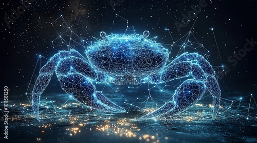 A holographic crab is depicted in an intricate cosmic digital ocean realm, blending virtual reality with marine elements in a mesmerizing composition. photo