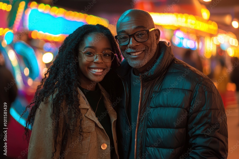 A Father and Daughter Smiling at a Carnival A Father and Daughter Smiling at a Carnival