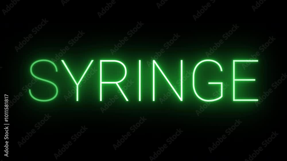 Flickering neon green glowing syringe sign animated black background