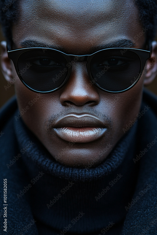 close up portrait of cool black man wearing sunglasses in a dark coat and a black turtleneck close up portrait of cool black man wearing sunglasses in a dark coat and a black turtleneck