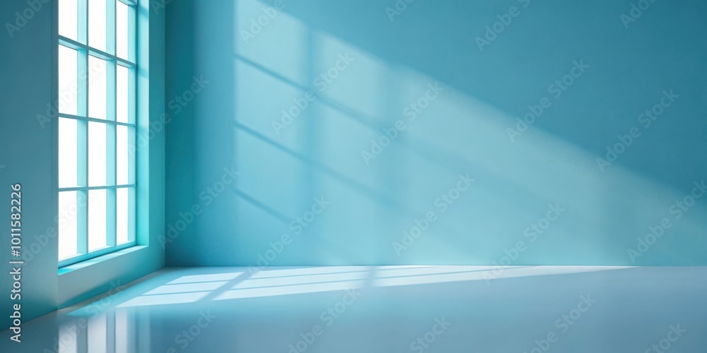 A minimalist interior design with a light blue wall and a window casting shadows on the floor A minimalist interior design with a light blue wall and a window casting shadows on the floor