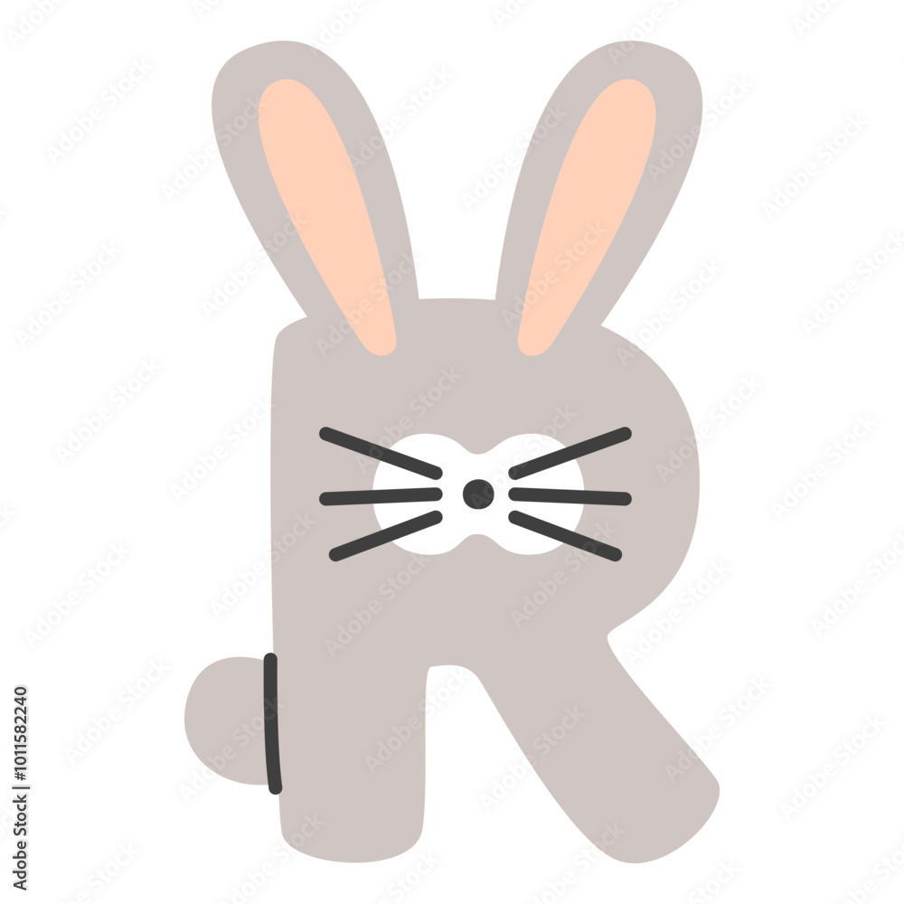 Capital letter R of childish English alphabet with rabbit. Kids font with cute character for kindergarten. Capital letter R of childish English alphabet with rabbit. Kids font with cute character for kindergarten.