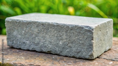 Close-up of a gray flat brick shaped rock found many years ago