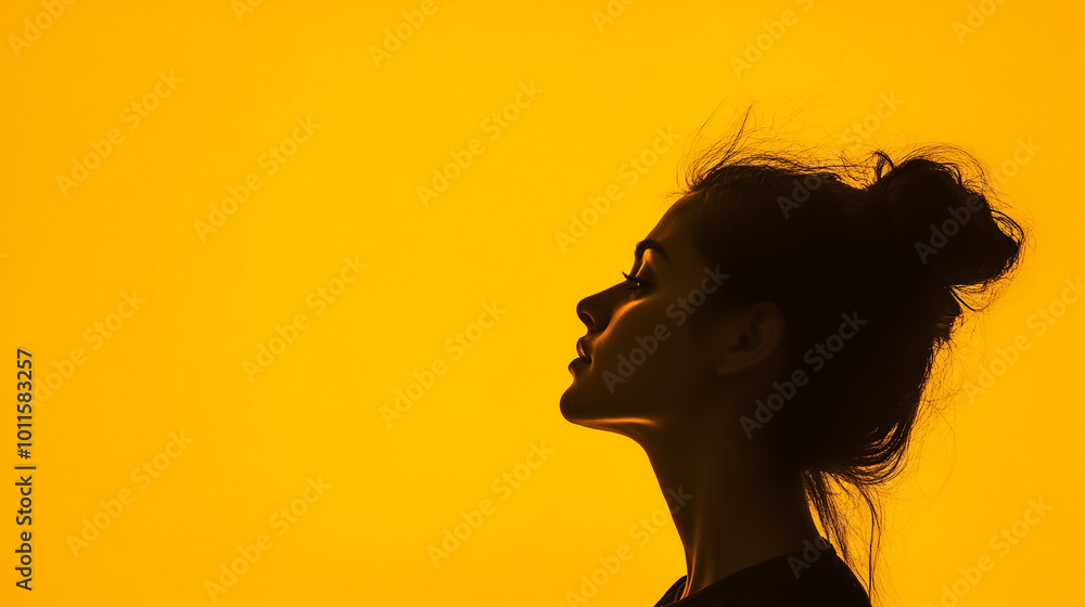silhouette of a young beautiful woman doing sunbathing. isolated on yellow background silhouette of a young beautiful woman doing sunbathing. isolated on yellow background