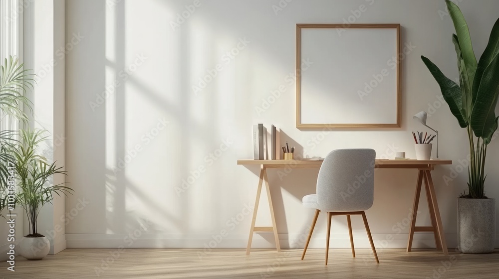 Bright and airy workspace with desk, chair, and decorative plants. Bright and airy workspace with desk, chair, and decorative plants.
