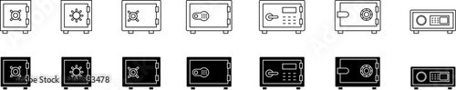 Safe line and glyph icon. Safe or deposit box icon to keep your valuables and money. Vector set of durable boxes