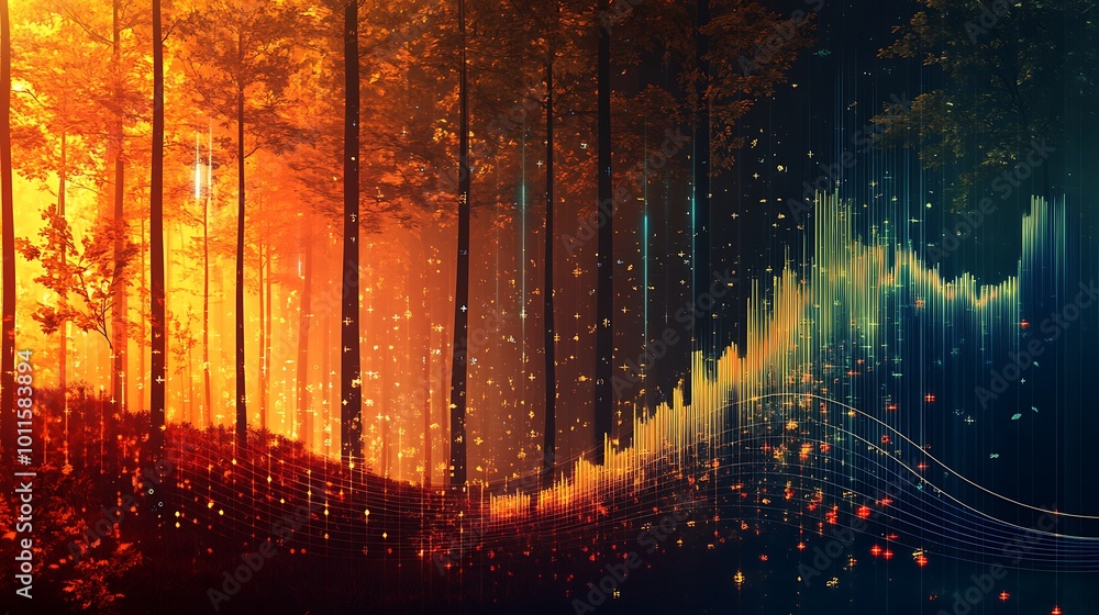 A fiery, orange and yellow, abstract forest with glowing lights and lines. A fiery, orange and yellow, abstract forest with glowing lights and lines.
