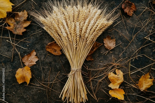 Bundle of Wheat Spikes with Fallen Autumn Leaves photo