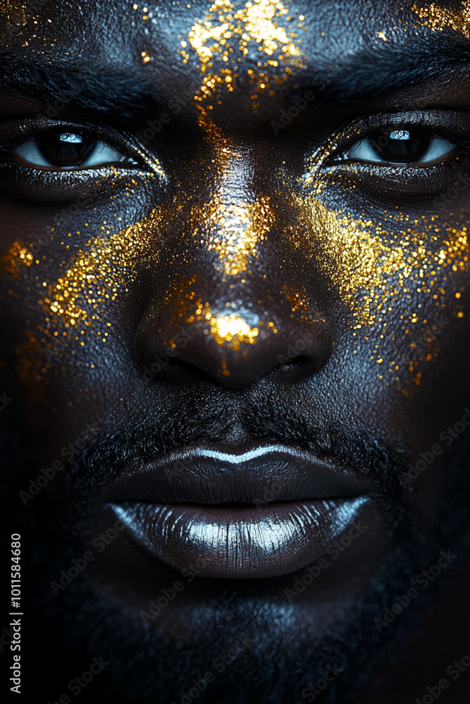 closeup portrait of black man with gold glitter makeup and silver lips closeup portrait of black man with gold glitter makeup and silver lips