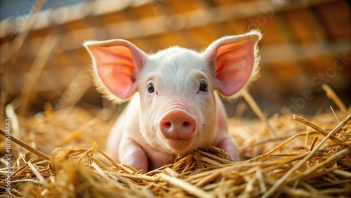 Close-up of piglet resting on hay and straw in pig breeding farm