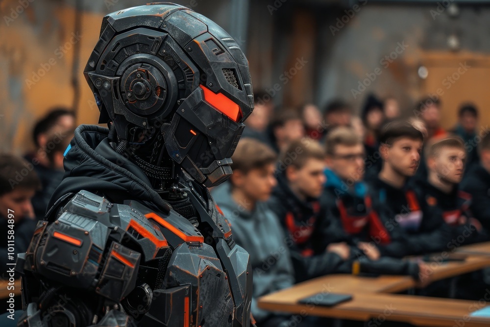 Futuristic robot lecturer engages diverse audience in a high tech conference hall environment Futuristic robot lecturer engages diverse audience in a high tech conference hall environment