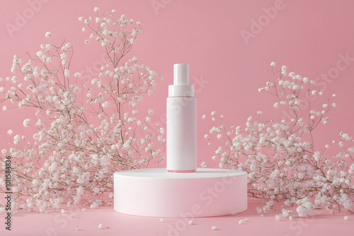 Elegant White Cosmetic Bottle on Pink Background Surrounded by Delicate Flowers for Skincare Presentation