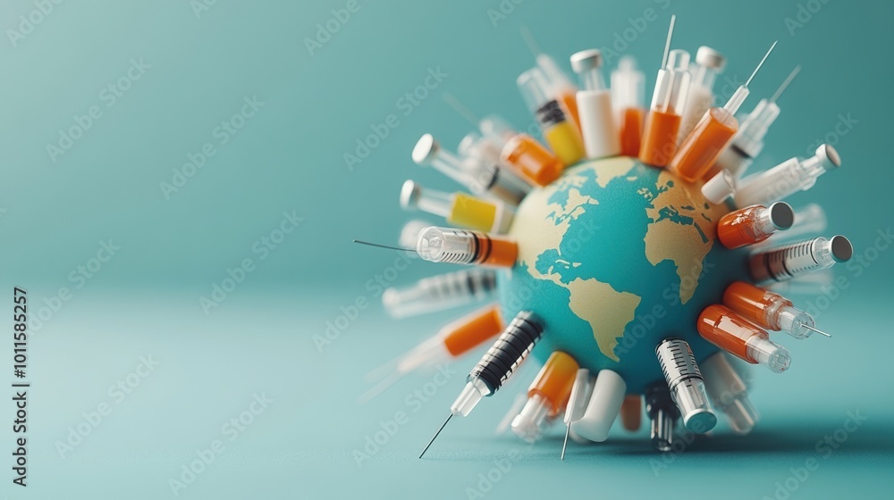 Earth surrounded by various colorful syringes on a blue background. Earth surrounded by various colorful syringes on a blue background.