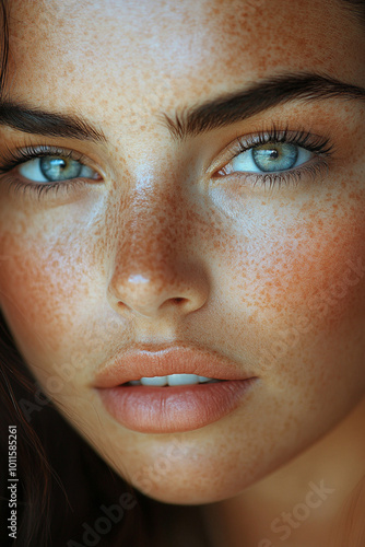 closeup portrait of woman with freckles and blue eyes, studio shot, beauty, skin, face, fashion, model, attractive, feminine