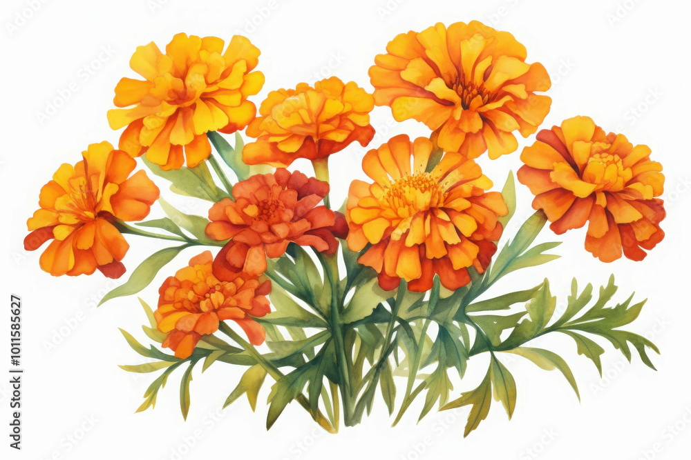 Fototapeta premium Vibrant Watercolor Illustration of Marigold Cluster
