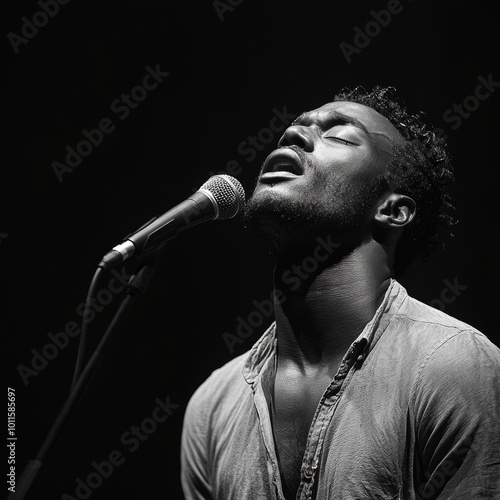 Passionate Black Male Singer Performing on Stage with Microphone