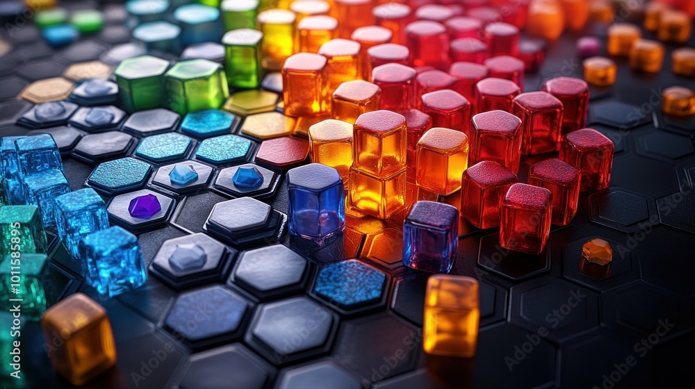 Colorful translucent game pieces arranged on a hexagonal board. Colorful translucent game pieces arranged on a hexagonal board.