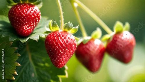 Closeup of ripe strawberries growing, blurred background.