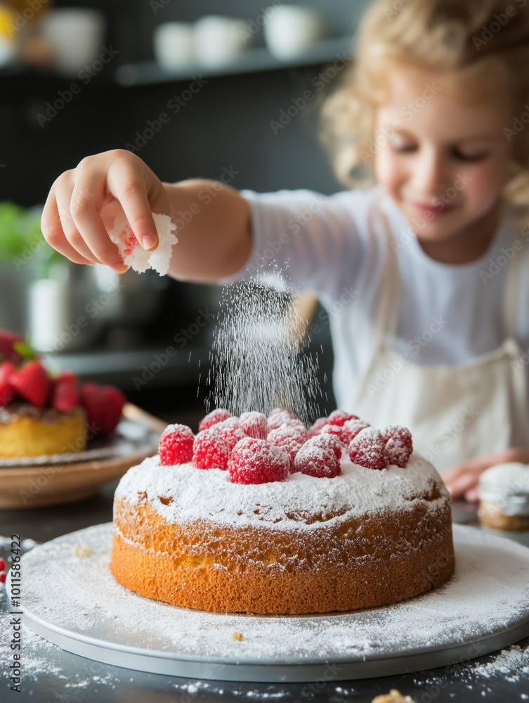 A cheerful child sprinkles sugar on a beautifully decorated cake topped with fresh raspberries in a cozy kitchen A cheerful child sprinkles sugar on a beautifully decorated cake topped with fresh raspberries in a cozy kitchen