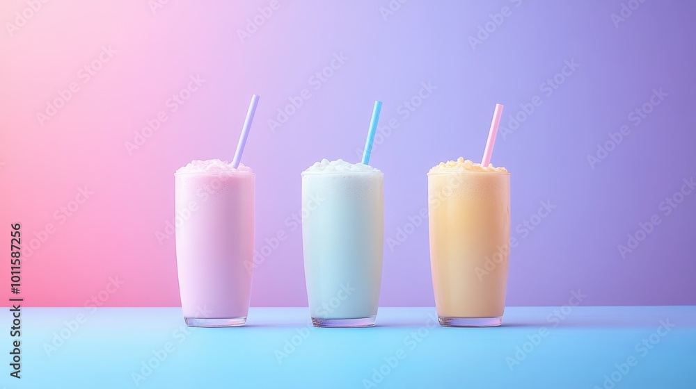 Three milkshakes standing on a blue table with a pastel background Three milkshakes standing on a blue table with a pastel background
