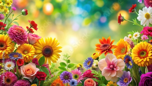 A vibrant display of blooming flowers in a variety of colors and shapes, including sunflowers, daisies, roses, and lilies, creating a visually stunning floral arrangement.